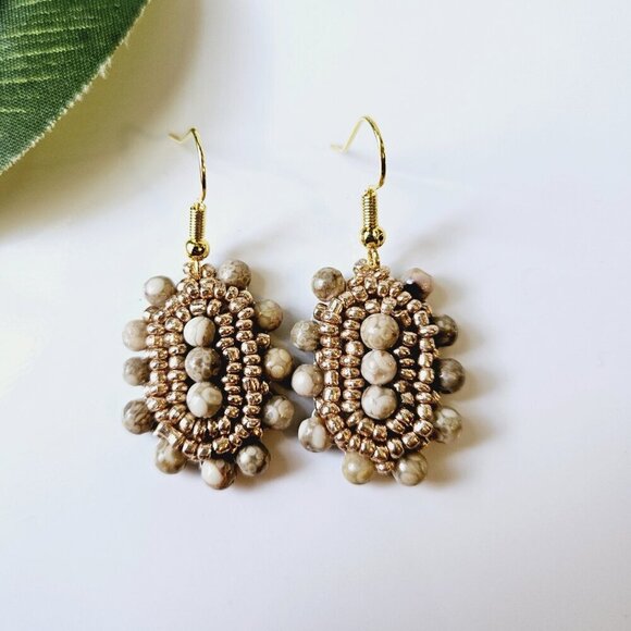 2/$27 | Tan Stone Shield Beaded Indigenous Hoop Earrings | Handmade - Picture 3 of 5